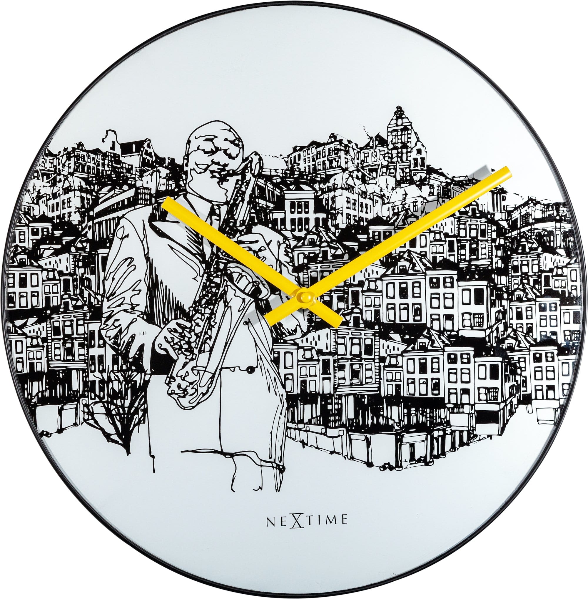 NeXtime Clocks Sax City wall clock with 40 cm glass and metal design, featuring modern style and bold black hands.